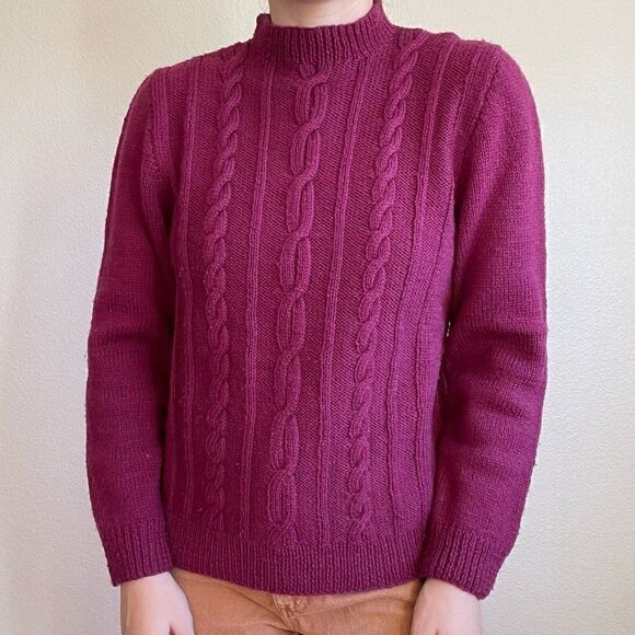 Hand Knit Maroon Red Cable 100% Wool Chunky Knit Mockneck Sweater Sz M - Picture 2 of 6